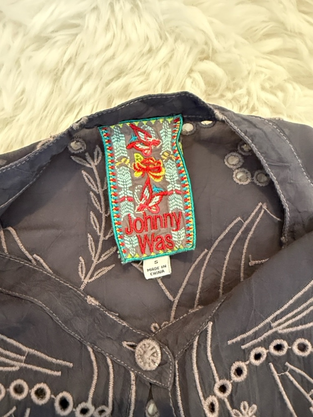 Johnny Was Gray Embroidered Blouse with Turquoise & Red Label